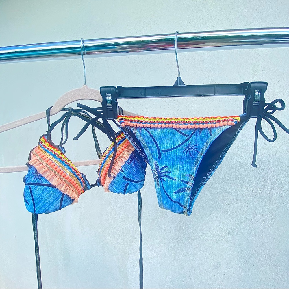 ADG Blue & Black Palm Print Embellished Bikini Set Size Medium